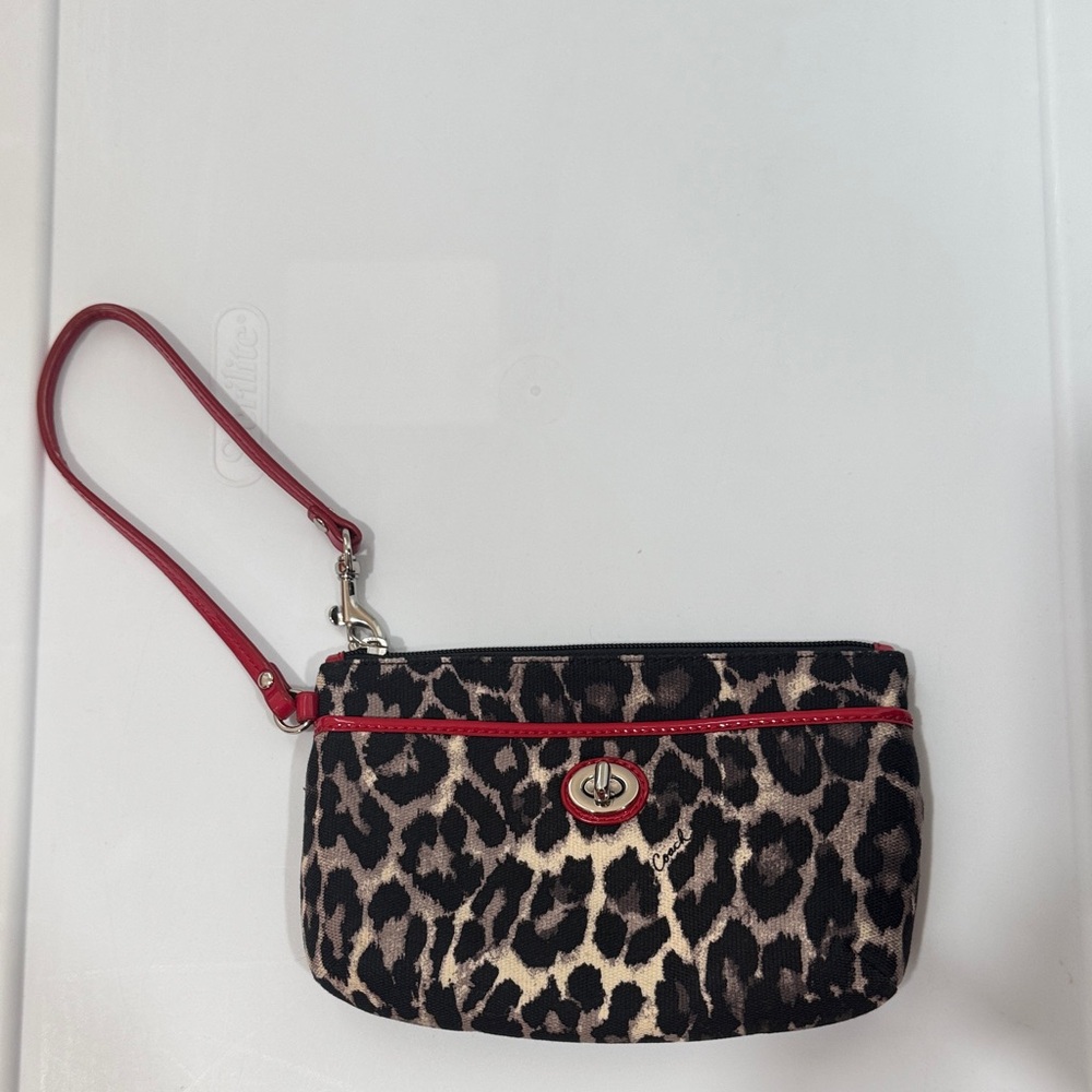 Coach Leopard Print Wristlet with Red Trim